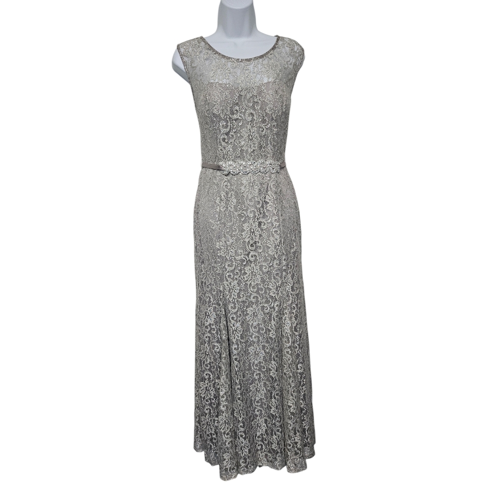 Betsy & Adam toupe and silver backless formal lace gown. Size 10p
